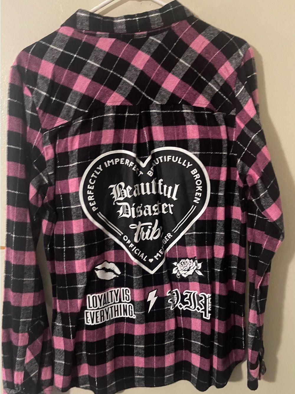 Beautiful Disaster Women’s Pink and Black Plaid Button-Down Flannel